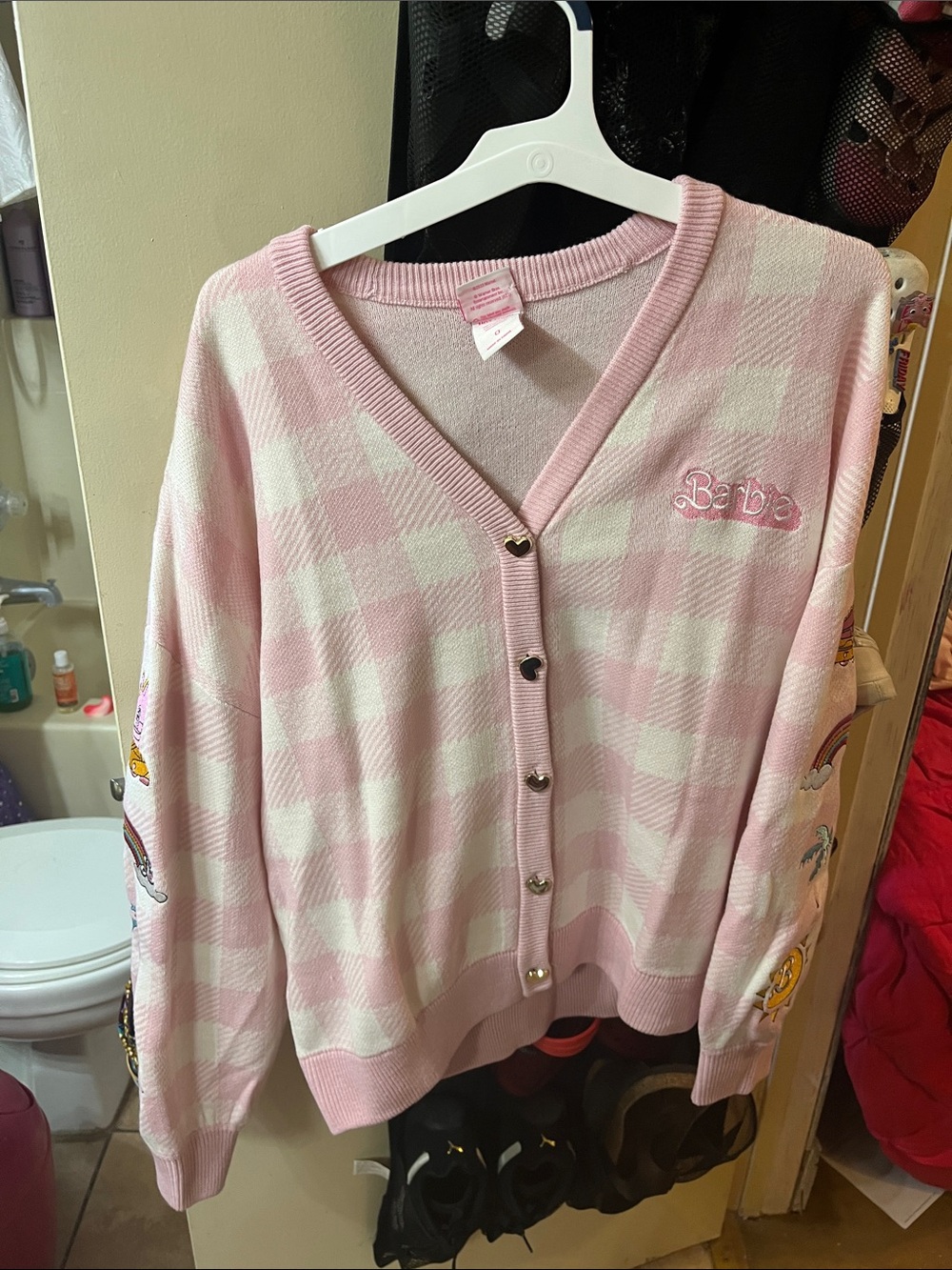 Barbie Pink and White Checkered V-Neck Cardigan